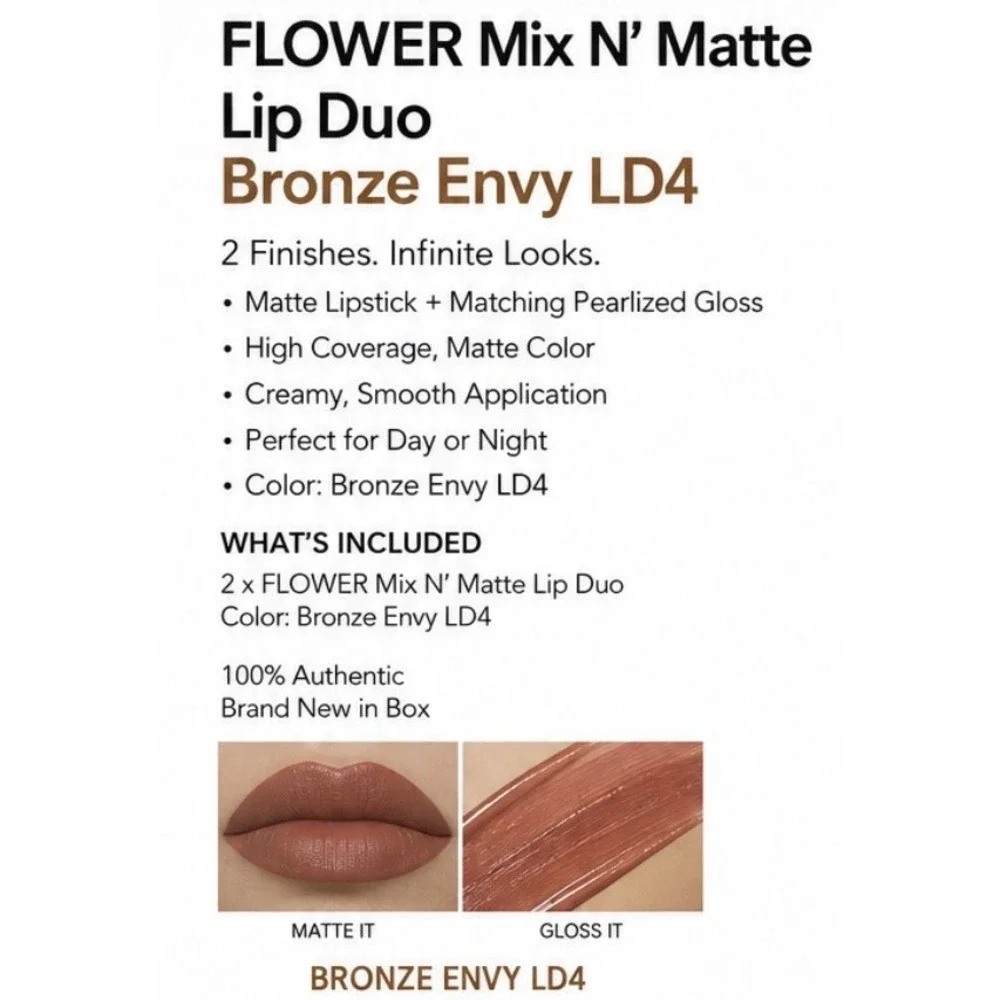 🆕️ 2Lot Flower Beauty Mix N'Matte Lip Duo Matte Lipstick LD4 Brown Envy 0.19 oz